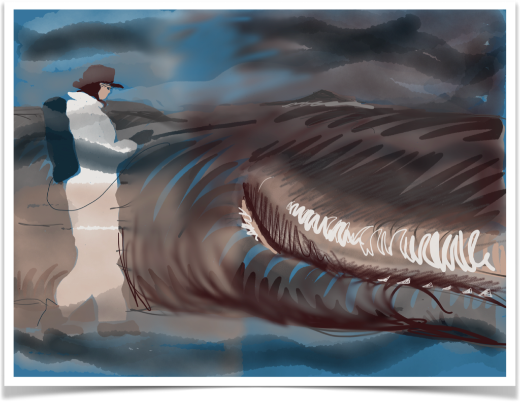 Painting of a scientist with the a whale